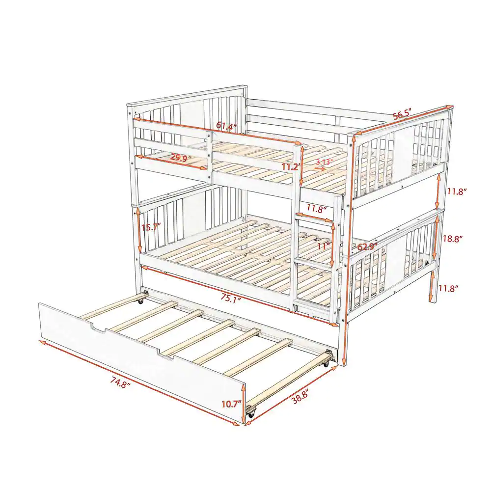 Harper & Bright Designs Gray Full Wood Bunk Bed with Twin Size Trundle and Ladder