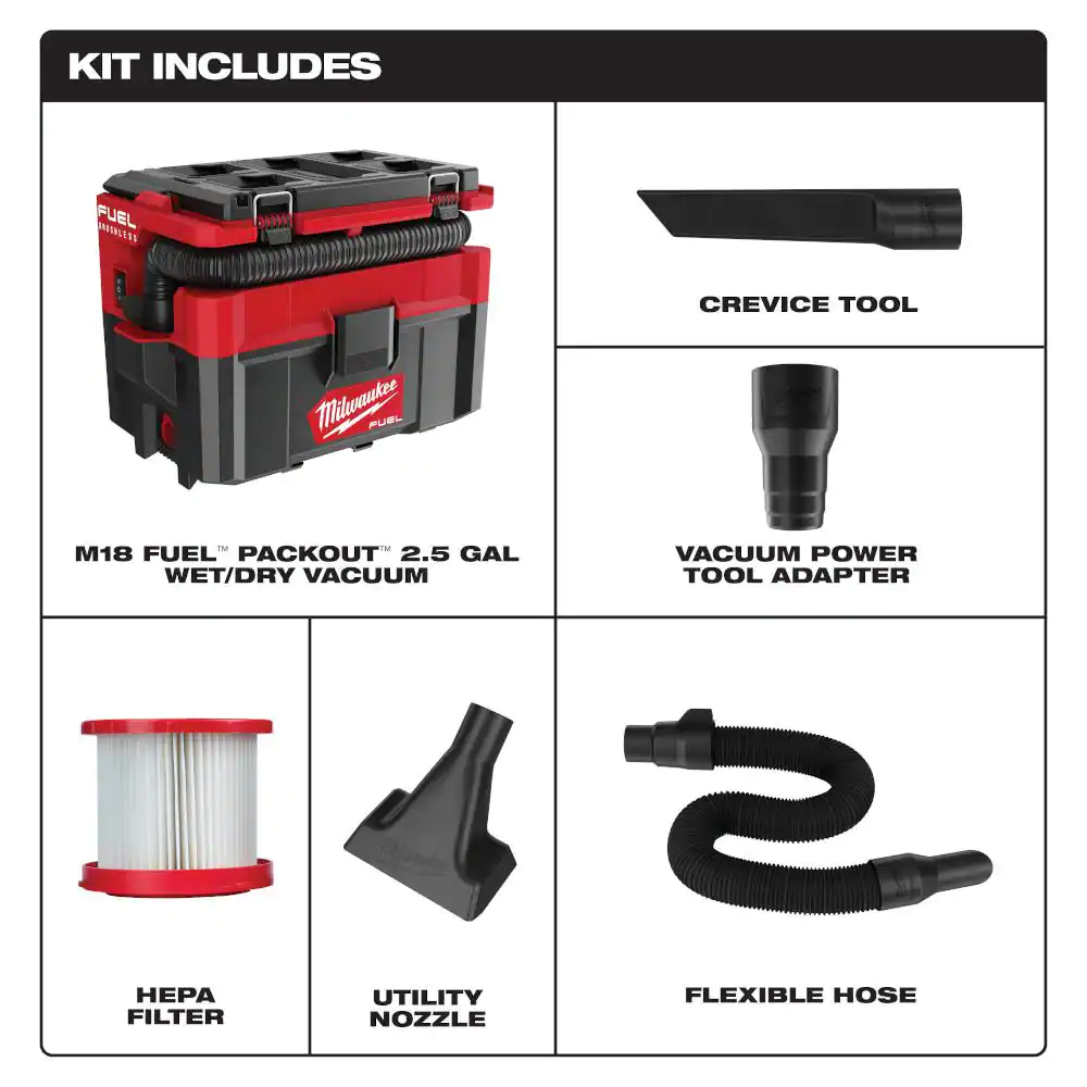 Milwaukee M18 FUEL PACKOUT 18-Volt Lithium-Ion Cordless 2.5 Gal. Wet/Dry Vacuum with 2 Extra Filters