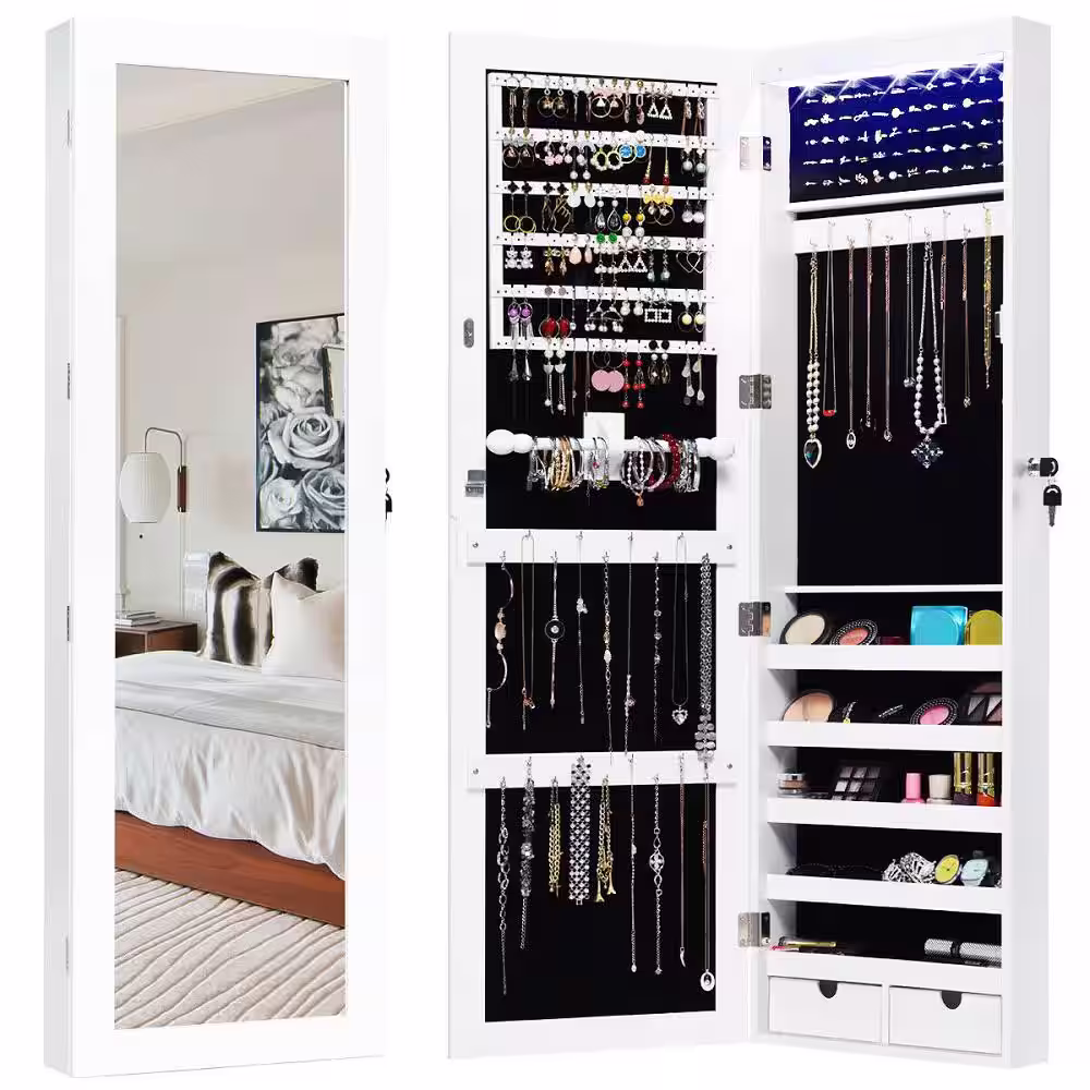 Costway Rectangular White Wood Jewelry Cabinet Organizer