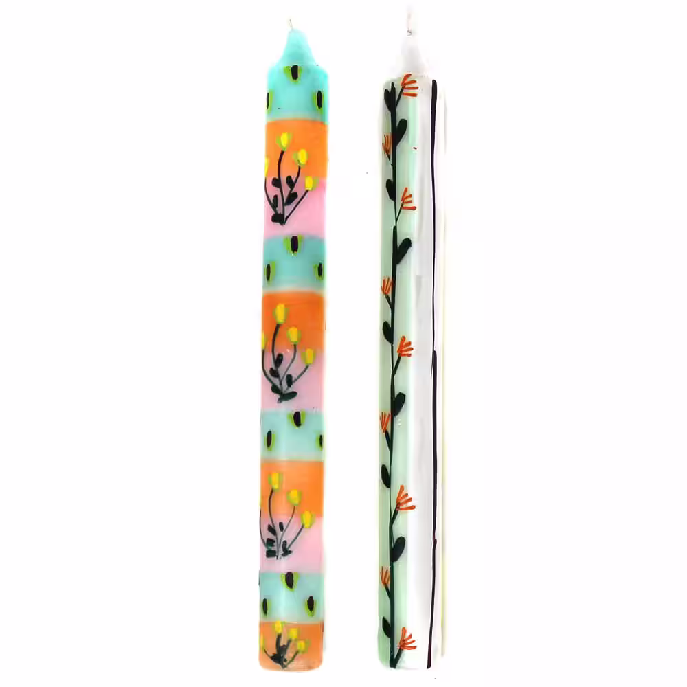 Global Crafts Unscented Multi-Colored Imbali Design Hand-Painted Dinner Candles (Set of 2)