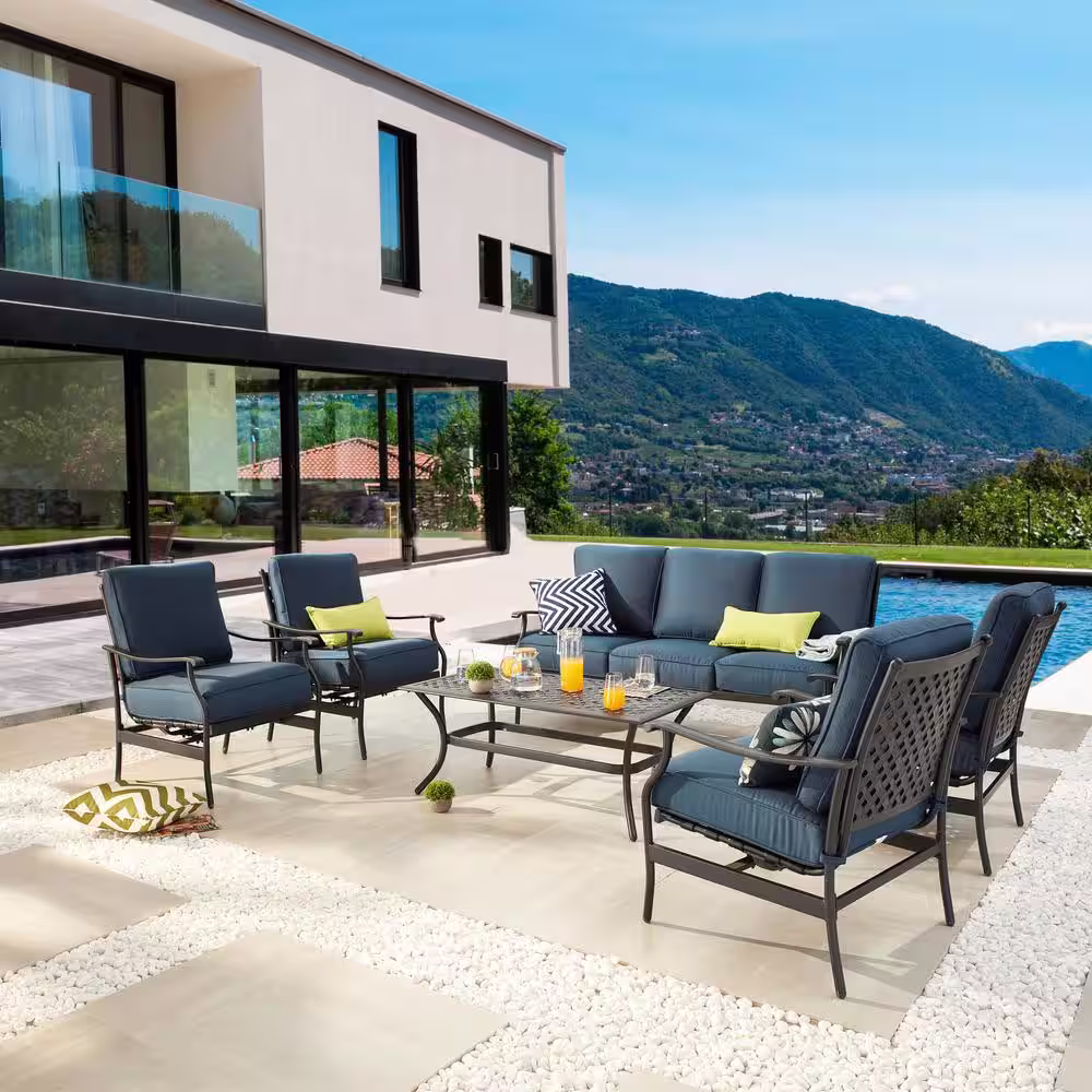 Patio Festival 6-Piece Metal Patio Conversation Set with Blue Cushions