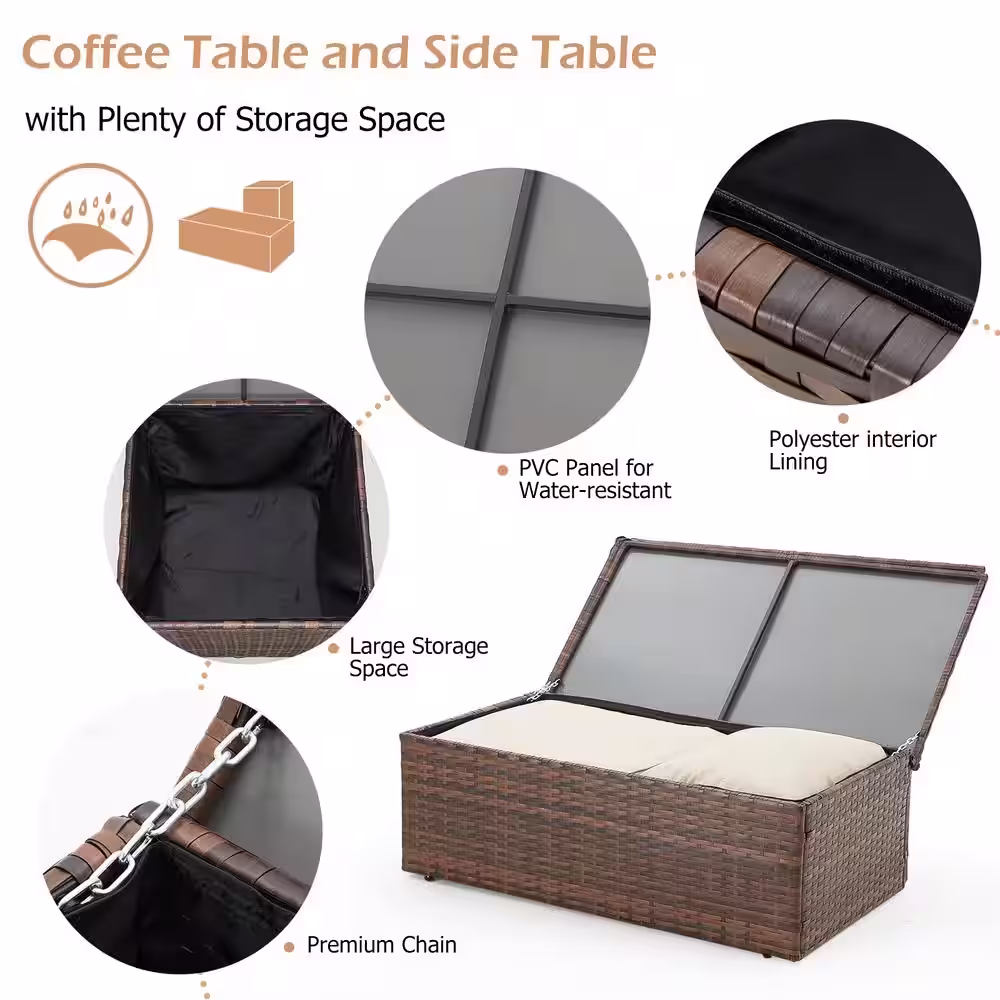 AECOJOY Brown 6-Piece Wicker Patio Conversation Set with 2 Storage Boxes and Beige Cushions