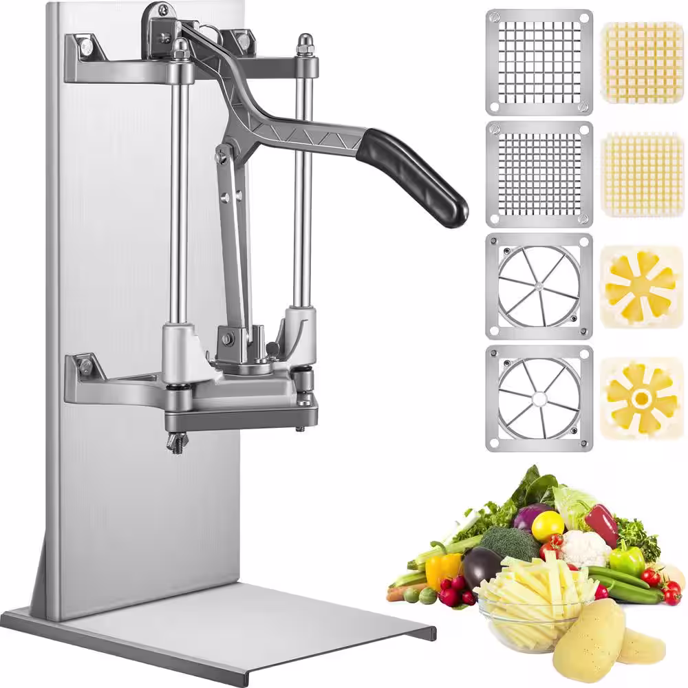 VEVOR Commercial French Fry Cutter with 4-Replacement Blades Lemon Potato Cutter for French Fries with Extended Handle,Silver