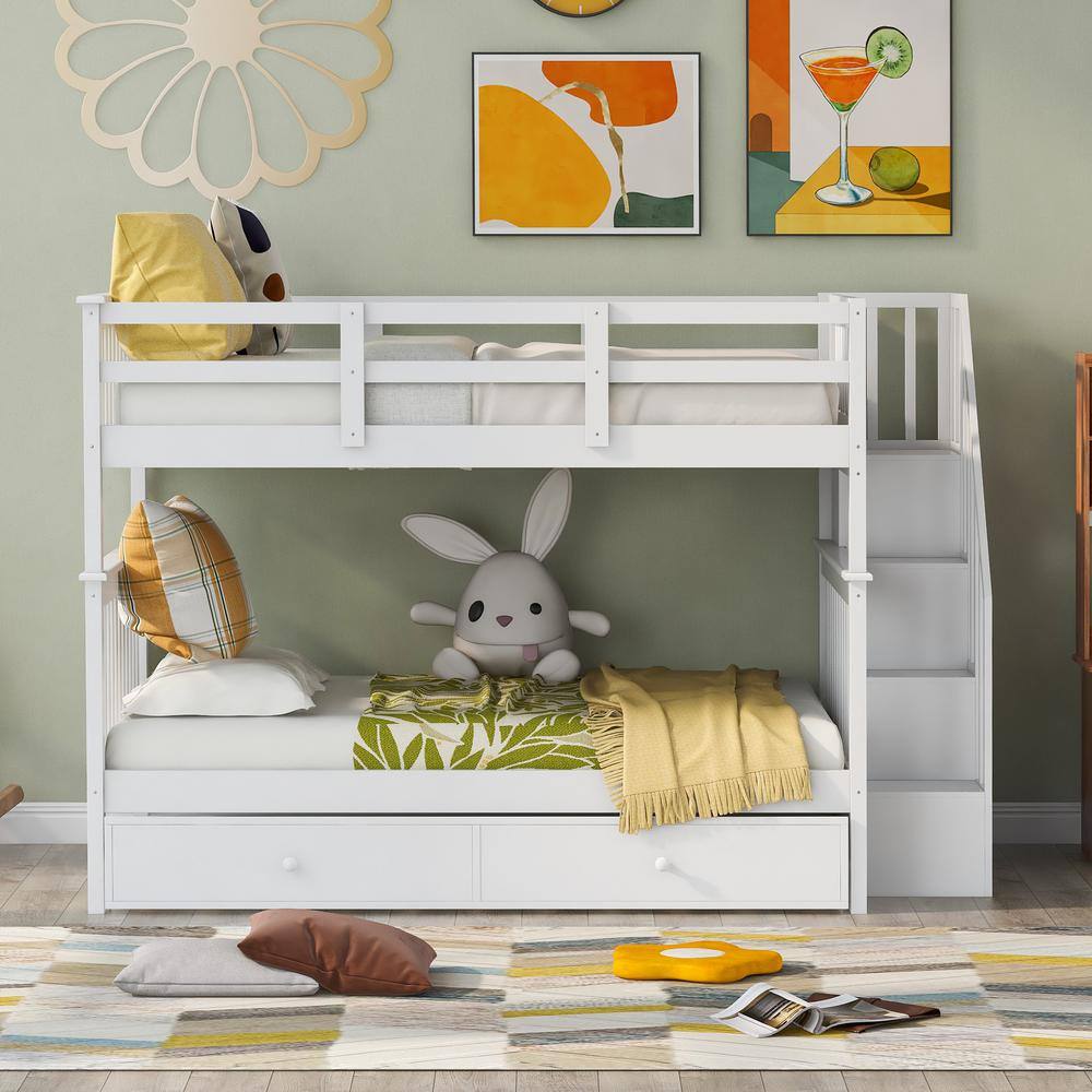 None Full Over Full Bunk Bed with Trundle, Wooden Bunk Bed with Stairs and Storage, for Kids Teens Adults White