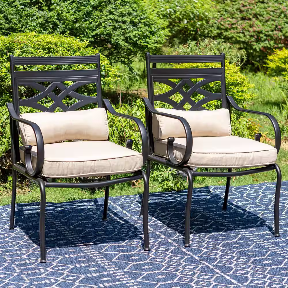 None 7-Piece Metal Patio Outdoor Dining Set with Slat Table and Stationary Chair with Beige Cushions