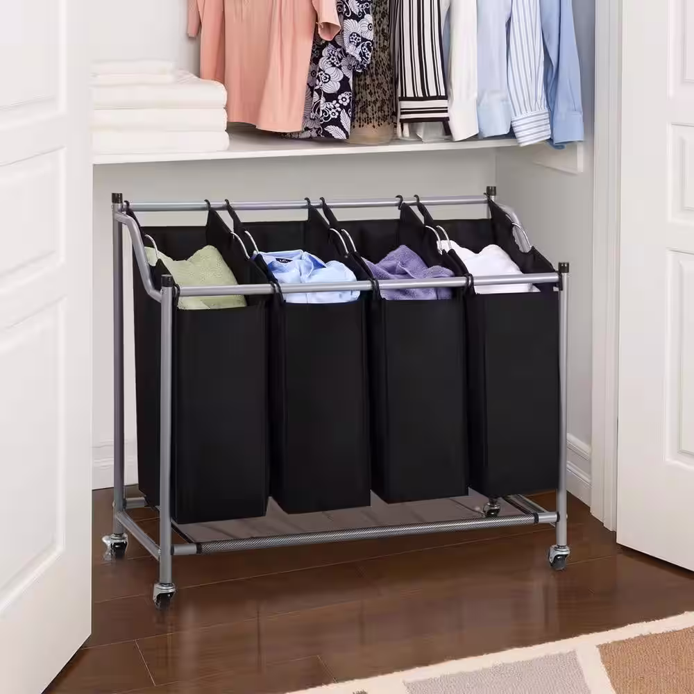 None 37.6 in. W x 15.2 in. D x 32.7 in. H Fabric Laundry Basket Hamper with Wheels Black
