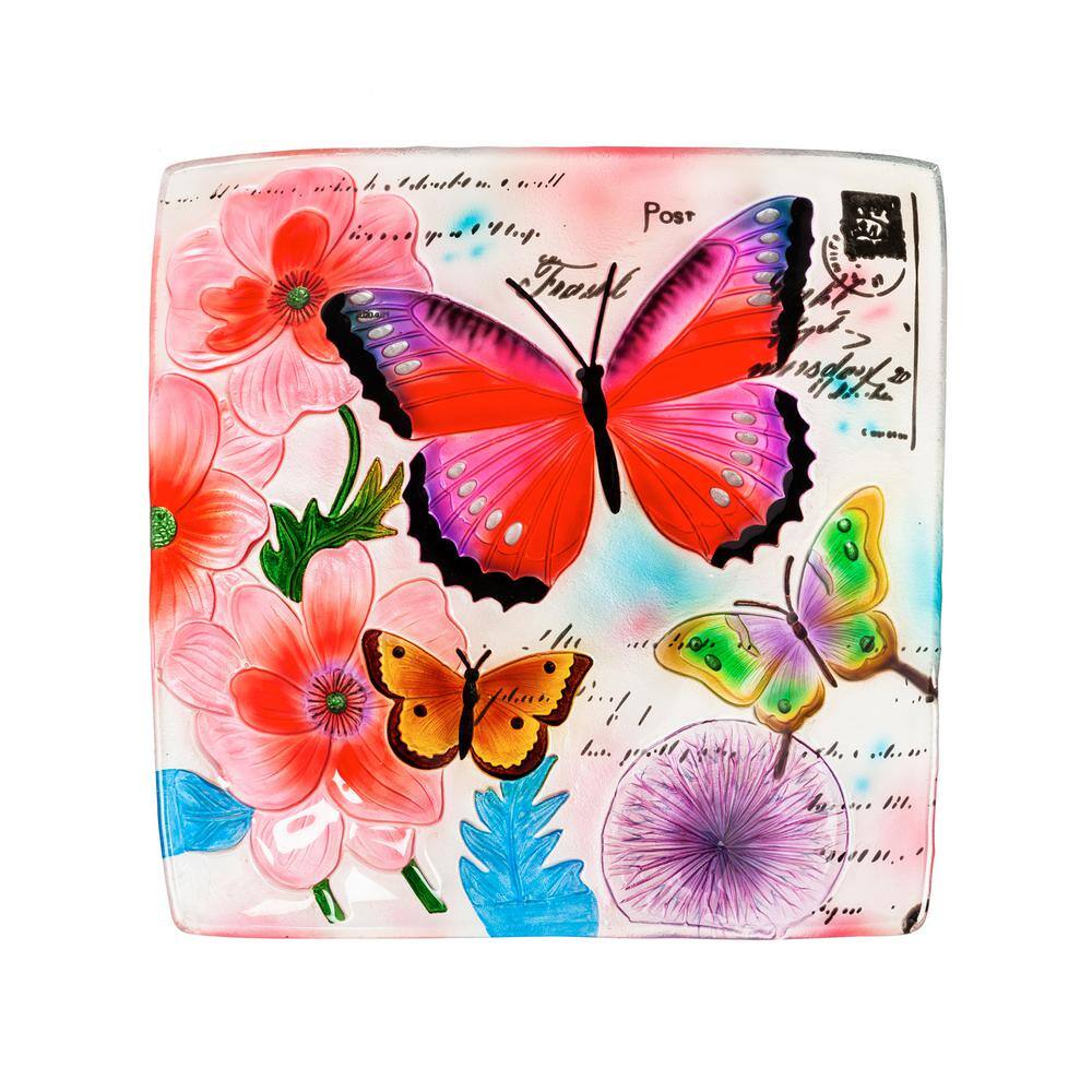 Evergreen 16.5 in. Butterfly Prints Hand Painted Embossed Square Glass Bird Bath