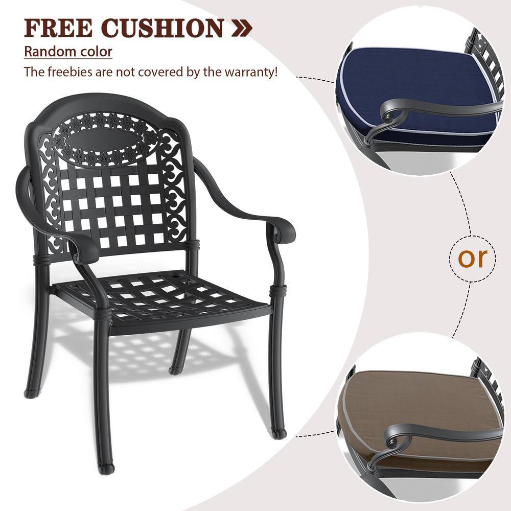 None 7-Piece Set Of Cast Aluminum Outdoor Bistro Set Patio Table Set with Random Colors Cushion and Umbrella Hole in Black