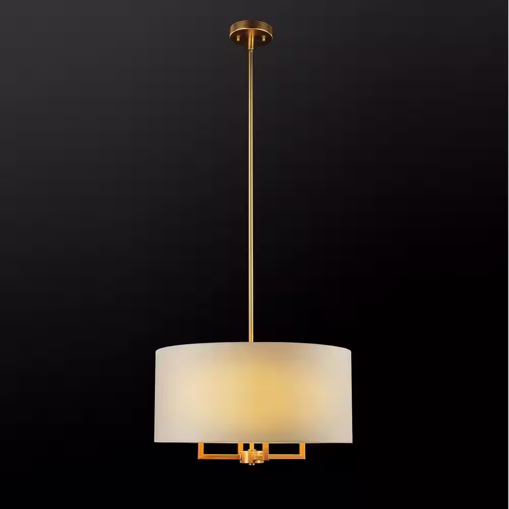 Globe Electric Emery 4-Light Matte Brass Pendant Light with Beige Fabric Shade