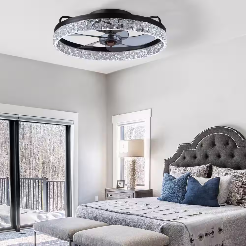 None 19.6 in. LED Indoor Black Flush Mount Ceiling Fan with Light Dimmable for Low Profile Bedroom
