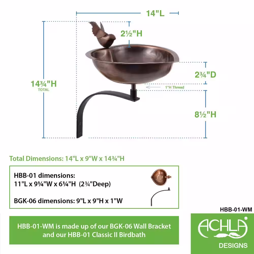 Achla Designs 9 in. Dia Antique Copper Heart Shaped Birdbath Bowl with Wall Mount Bracket