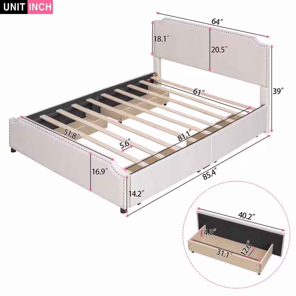Harper & Bright Designs Beige Wood Frame Queen Upholstered Platform Bed with Stud Trim Headboard and Footboard and 4-Drawers