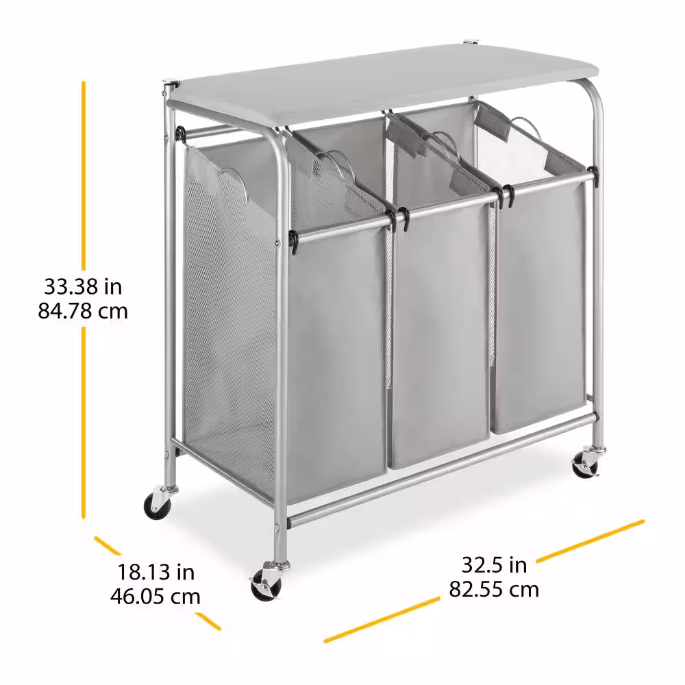 None Grey Triple Sorter with Ironing and Folding Table with Chrome Wheels