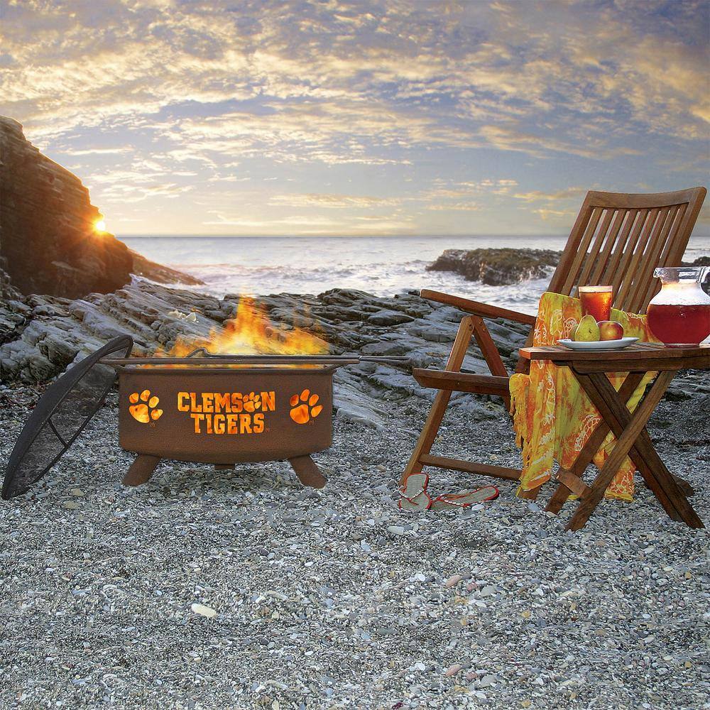 None Clemson 29 in. x 18 in. Round Steel Wood Burning Fire Pit in Rust with Grill Poker Spark Screen and Cover