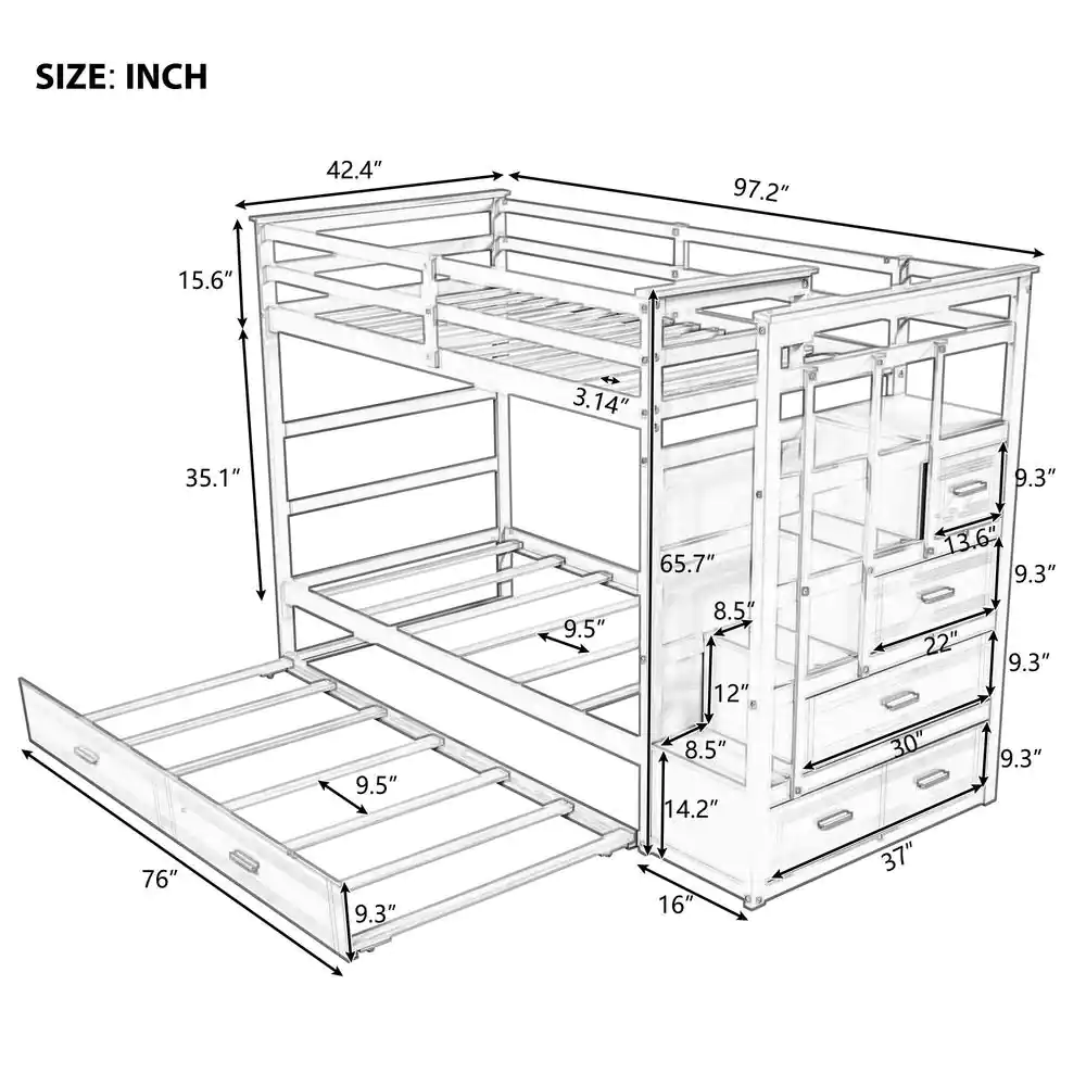 Harper & Bright Designs Gray Twin Over Twin Wood Bunk Bed with Trundle and Storage Staircase