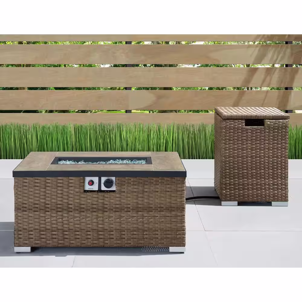 RST BRANDS Cheyenne 32 in. x 16 in. Rectangular Wicker Propane Fire Pit Table in Brown with Propane Storage and Protective Cover