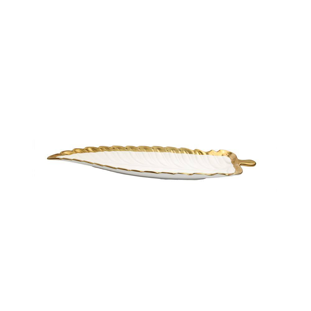 C T Classic Touch White Porcelain Leaf Dish with Gold Rim