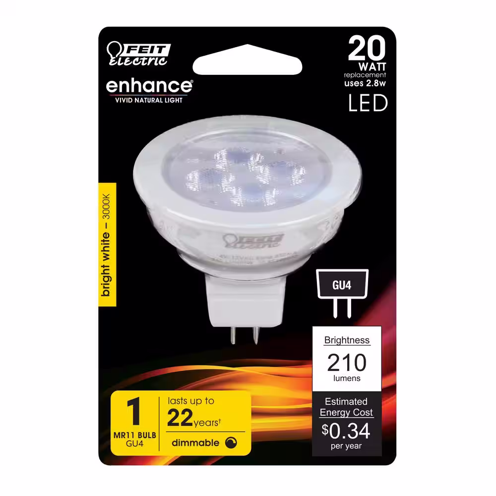 Feit Electric 20-Watt Equivalent MR11 GU4 Bi-Pin Dimmable 12-Volt Track Lighting 90+ CRI LED Flood Light Bulb, Bright White