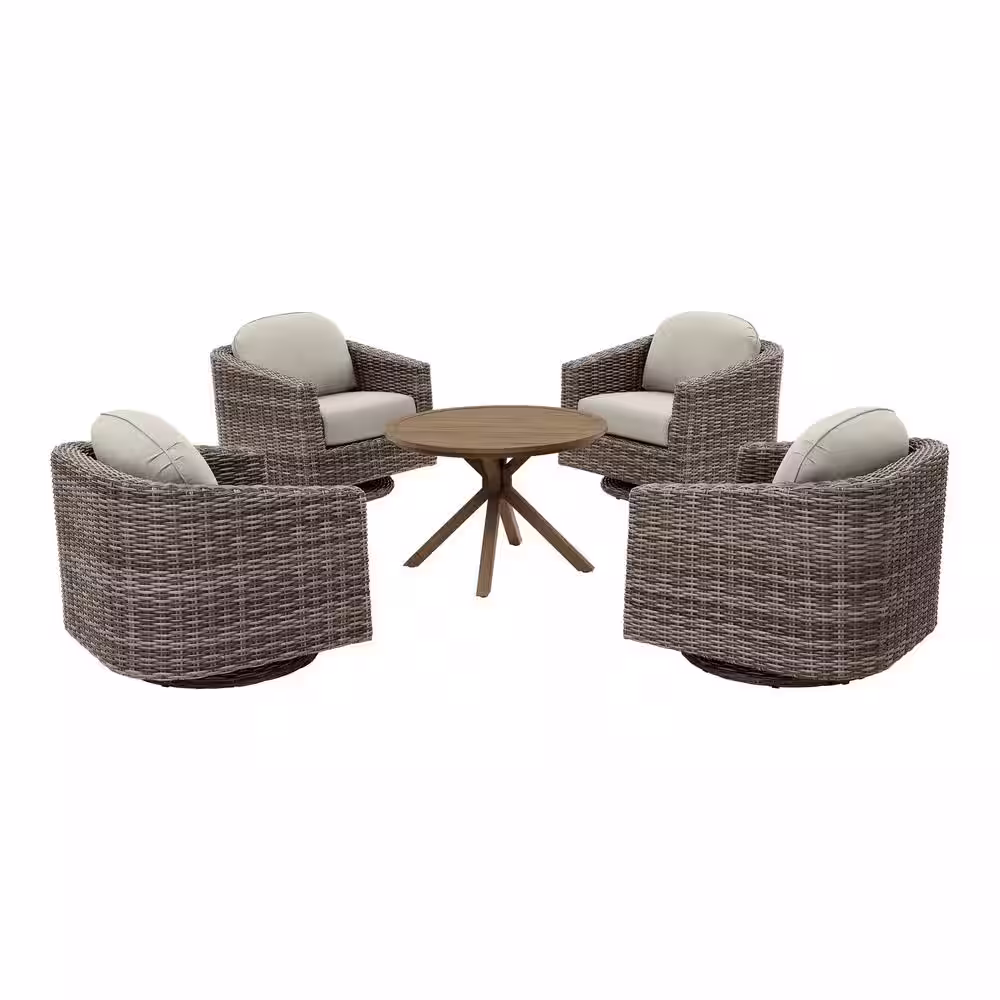 Home Decorators Collection Avondale 5-Piece Swivel Aluminum and Steel Wicker Outdoor Patio Conversation Set with Sunbrella Cast Ash Cushions