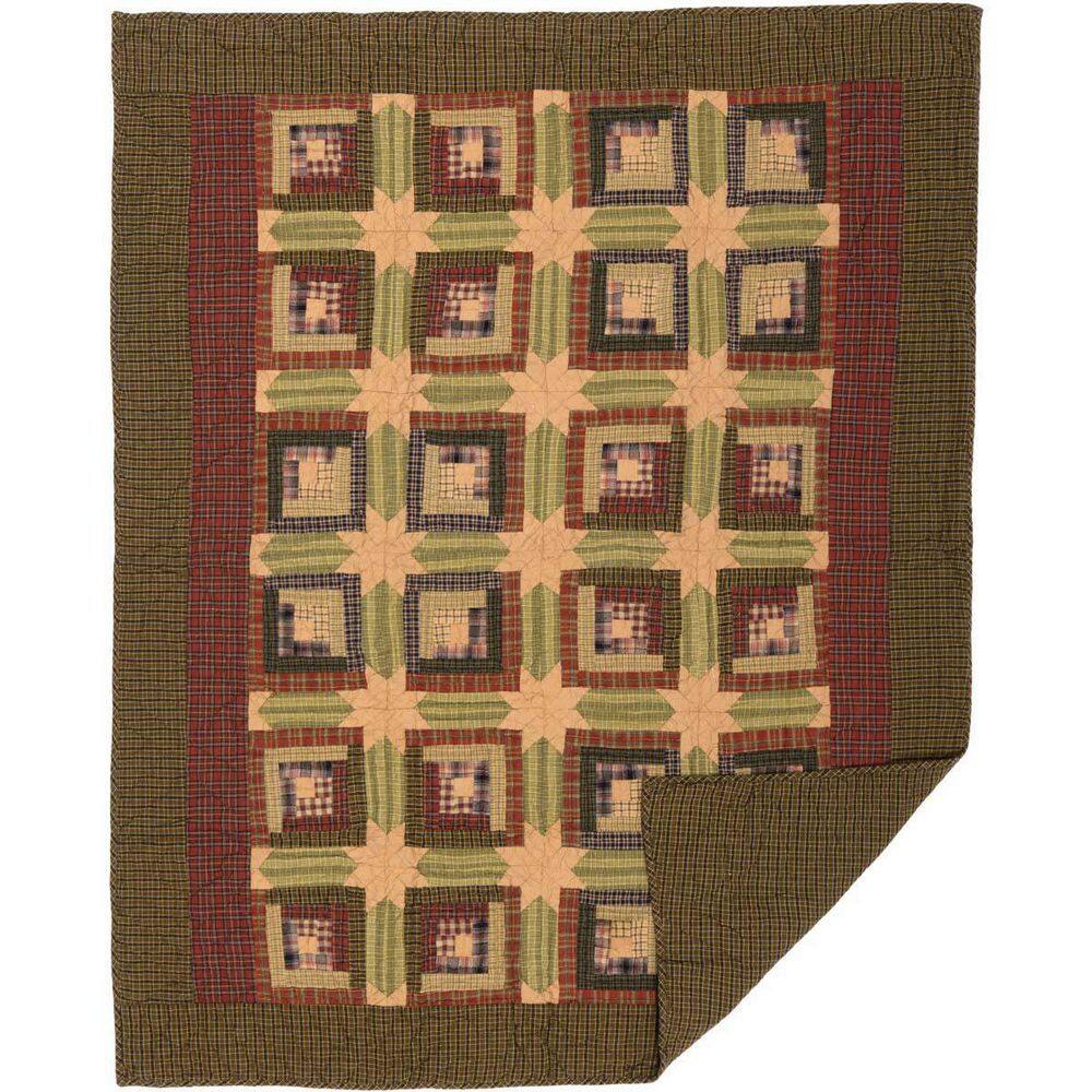 VHC Brands Tea Cab in. Green Khaki Red Rustic Quilted Cotton 60 in. x 50 in. Throw