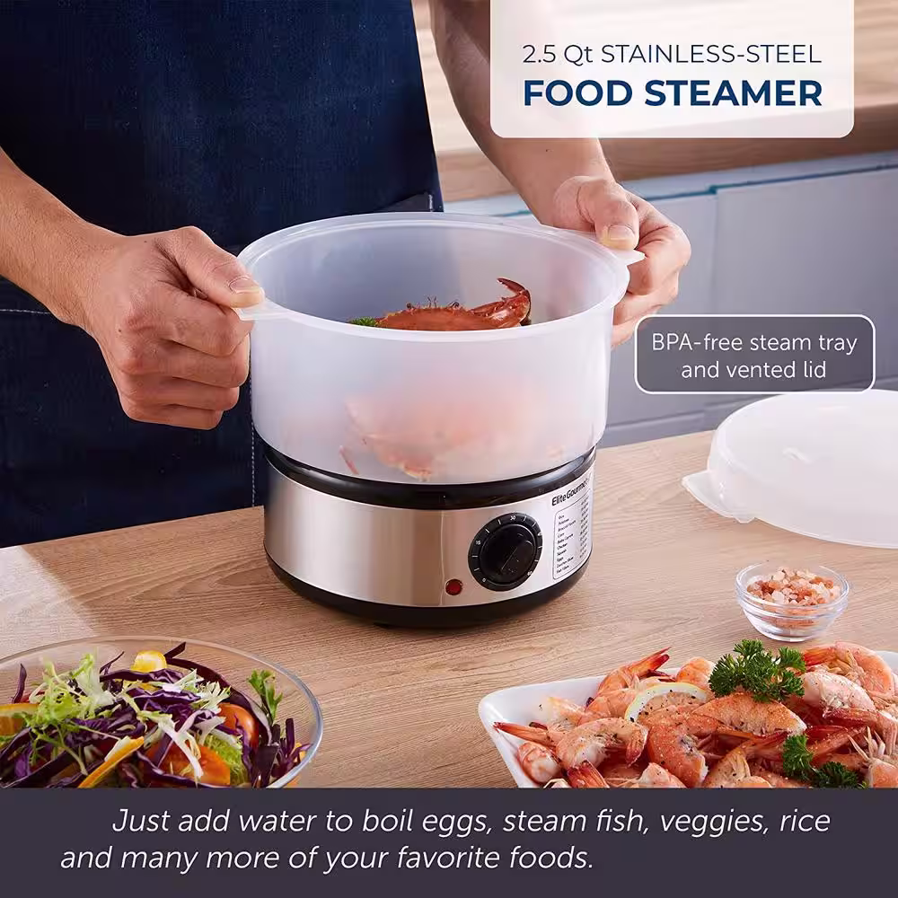 Elite Gourmet 2 Quart Elcteric Food Vegetable Steamer with BPA-Free Steamer Tray, Auto Shut-off 60-min Timer