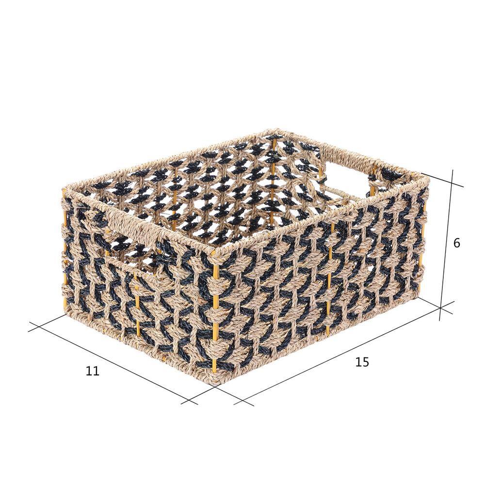 Villacera Hand-Woven Water Hyacinth Wicker Rectangular Nesting Baskets in Black and Natural (2-Pack)
