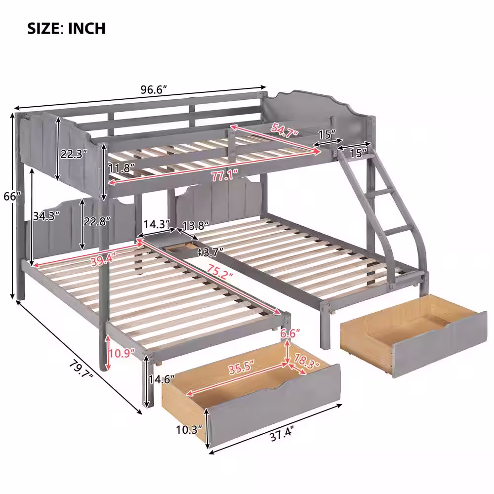 Harper & Bright Designs Gray Full Over Twin and Twin Velvet Bunk Bed with 3-Drawers