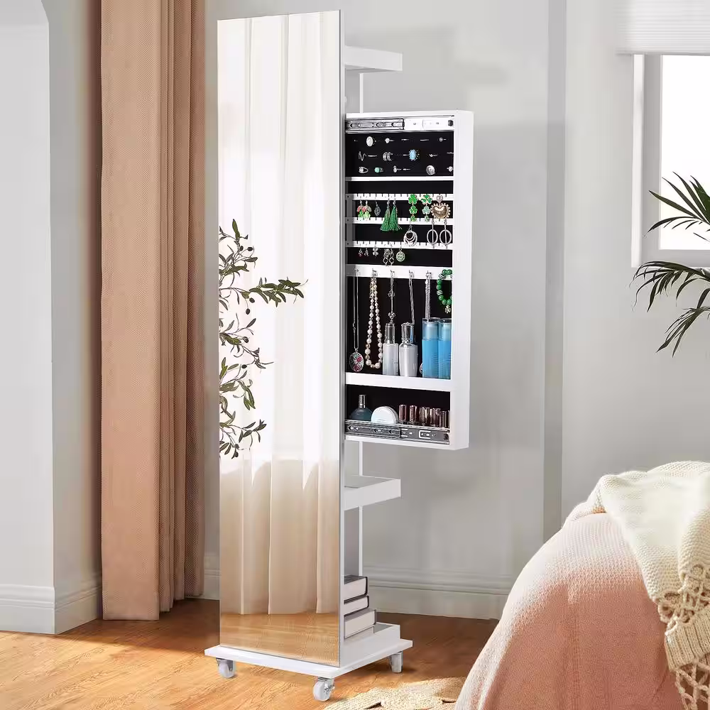 None White Full Mirror Movable Push-Pull Jewelry Storage Cabinet with Hanger Rod