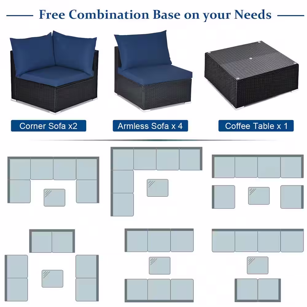 None 7-Piece Rattan Patio Conversation Sectional Furniture Set w/White/Navy Cushion Pillow