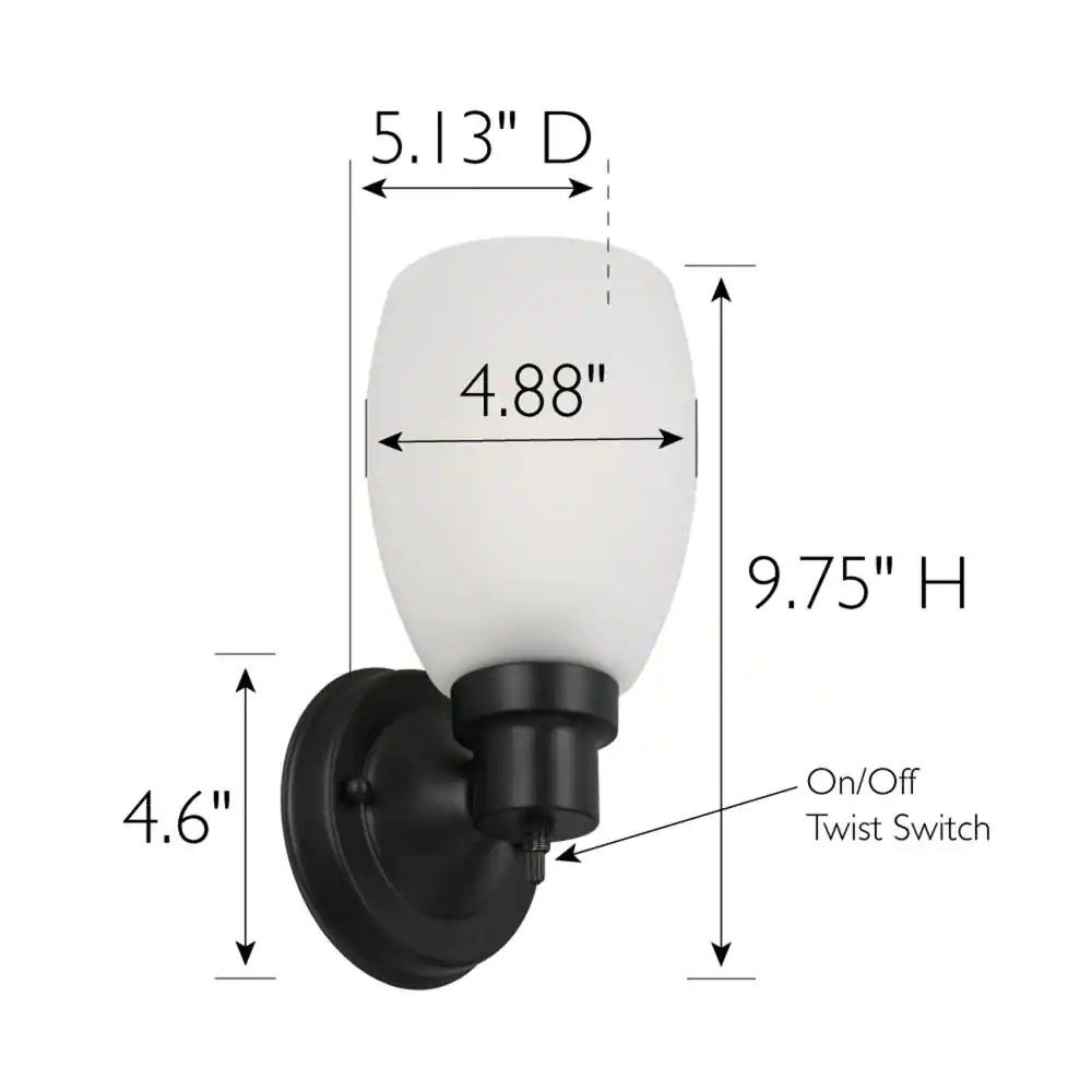 Design House Lydia 1-Light Matte Black Indoor Dimmable Wall Sconce with Frosted Glass and Twist On/Off Switch