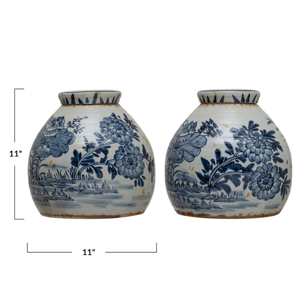 Storied Home Decorative Stoneware Ginger Jar, Distressed Blue and White