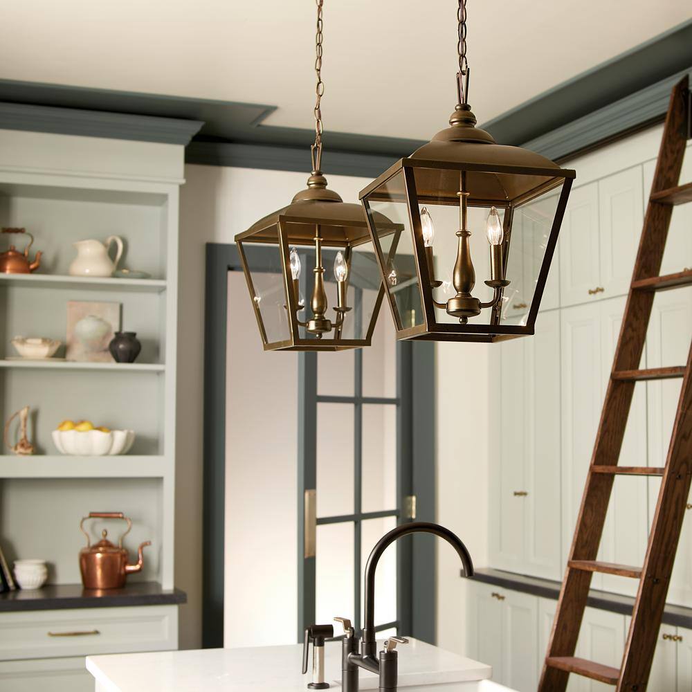 KICHLER Dame 2-Light Character Bronze Vintage Lantern Foyer Pendant Hanging Light with Clear Glass