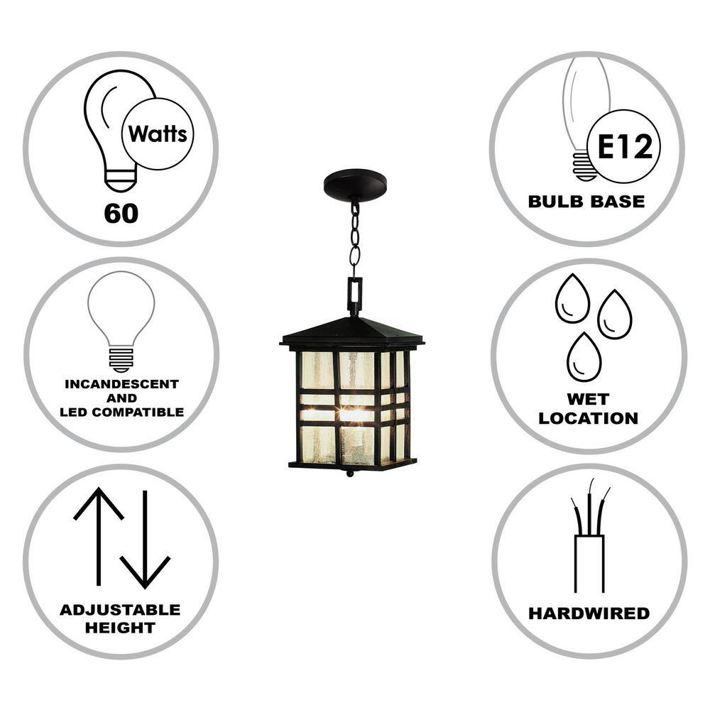 Bel Air Lighting Huntington 2-Light Black Hanging Outdoor Pendant Light Fixture with Seeded Glass