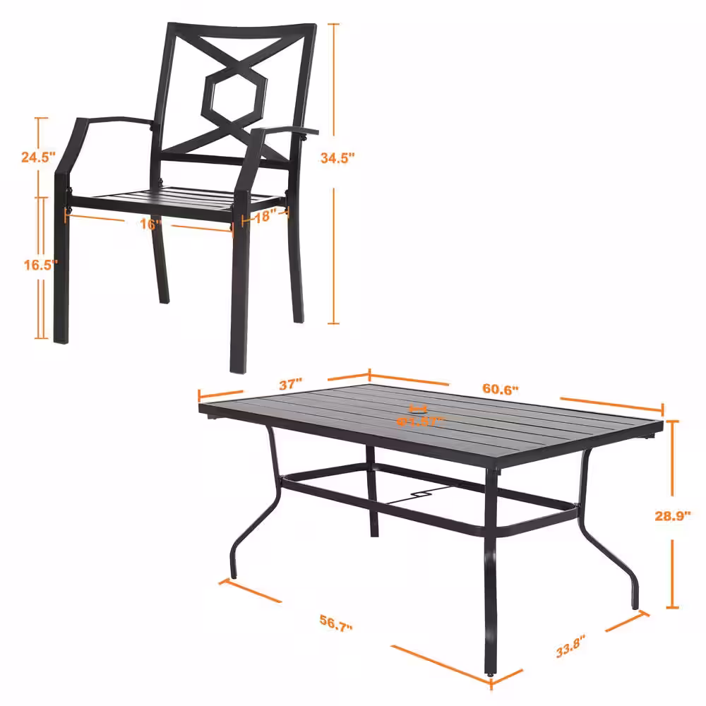 Nuu Garden 7-Piece Patio Dining Set Outdoor Furniture Set with Rectangle Table with Umbrella Hole and Stackable Armchair in Black