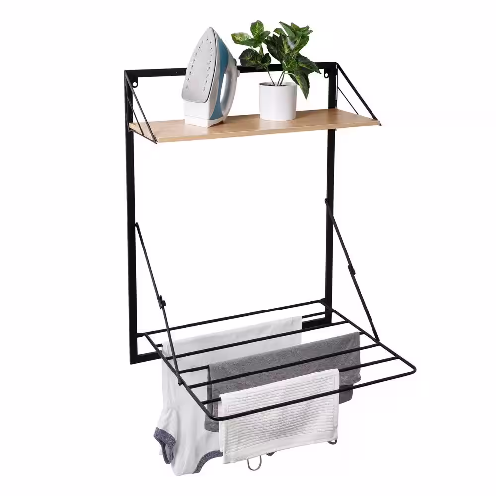 Honey-Can-Do 31 in. H x 24 in. W x 20 in. D Wall Mounted Drying Rack with Shelf in Black/Natural