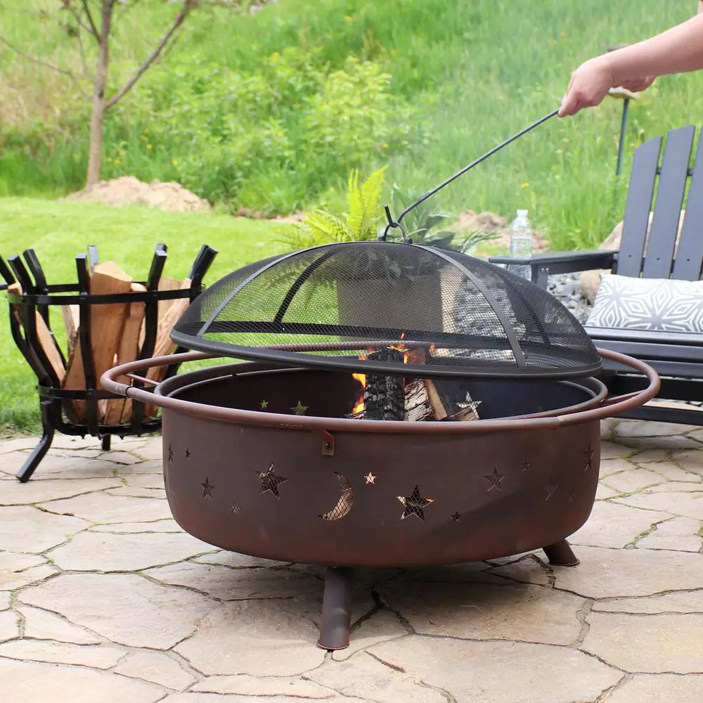 Sunnydaze Decor Cosmic 42 in. x 23 in. Large Round Steel Wood Burning Fire Pit with Spark Screen